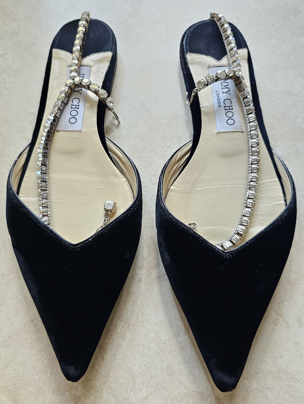 Jimmy Choo Black Saeda Velvet Flat Shoes with Crystals around the ankle IT 37